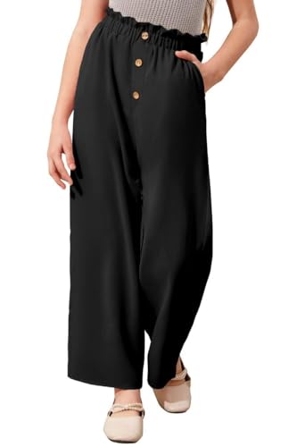Haloumoning Weite Hose Mädchen Hohe Taille Elastische Paperbag Freizeithose Kinder Einfarbige Lange Hose mit Taschen Schwarz, 7-8 Jahre von Haloumoning