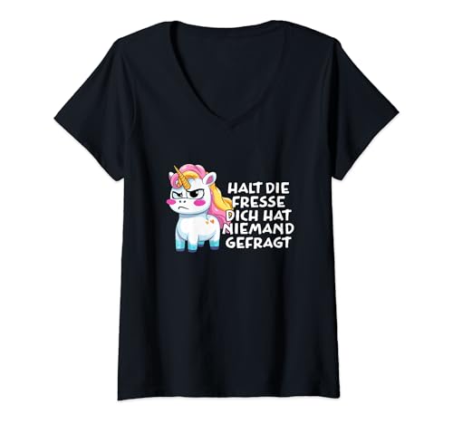 Damen Einhorn Halt den Mund Spruch T-Shirt mit V-Ausschnitt Damen Einhorn Halt den Mund Spruch T-Shirt mit V-Ausschnitt von Halt den Mund dich hat niemand gefragt