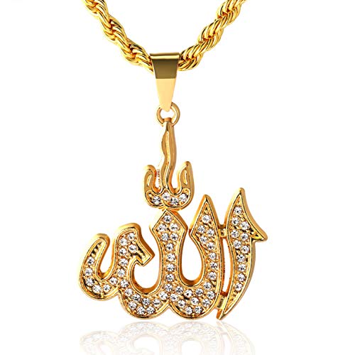 Halukakah Goldkette für Männer Iced Out,18 Karat Echt Vergoldet Allah Islam Symbol Anhänger Halskette,Volle Cz Labordiamanten Zinken-Set,mit Seilkette 60cm,Kostenlose Geschenkbox von Halukakah