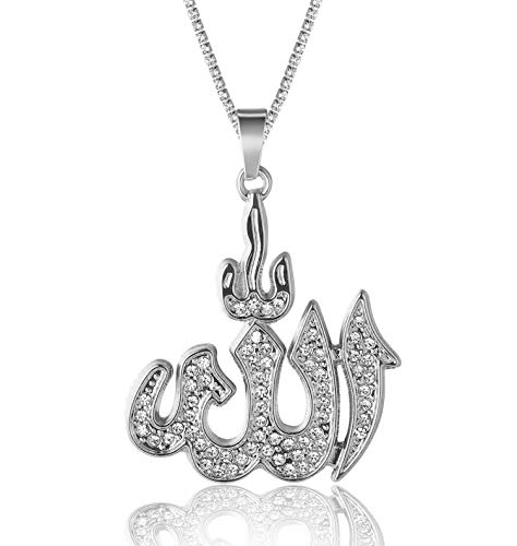 Halukakah Goldkette für Männer Iced Out,Platin Weißgold Allah Islam Symbol Anhänger Halskette,Volle Cz Labordiamanten Zinken-Set,mit Baby Tennis Kette 50cm,Kostenlose Geschenkbox von Halukakah