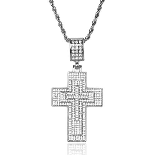 Goldkette mit Kreuz Herren Iced Out,Platin überzogen Weißgold Kreuz Anhänger Halskette,Volle Cz Labordiamants Zinken-Set,mit Seilkette 60cm,KOSTENLOSE Geschenkbox von Halukakah