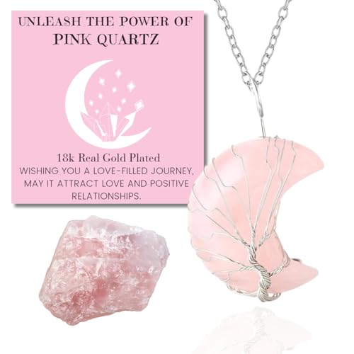 Halukakah Kristalle Steine Frauen Halskette Natürlicher Rosa Quarzkristall Platinierter Messingdraht Handgemacht Wicklung Lebensbaum Mondform Anhänger 30×40mm mit Kette 50cm Halukakah Kristalle Steine Frauen Halskette Natürlicher Rosa Quarzkristall Platinierter Messingdraht Handgemacht Wicklung Lebensbaum Mondform Anhänger 30×40mm mit Kette 50cm von Halukakah