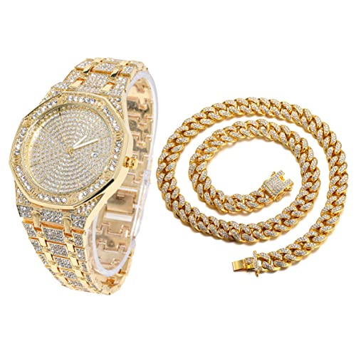 Halukakah Diamant Golduhr, Herren 18K Echt Vergoldet 40MM Breite Achteckig Rund Wählen Quarz Armband 22cm mit Kubanischer Link Kette 45cm Halskette Set, mit Geschenkbox Halukakah Diamant Golduhr, Herren 18K Echt Vergoldet 40MM Breite Achteckig Rund Wählen Quarz Armband 22cm mit Kubanischer Link Kette 45cm Halskette Set, mit Geschenkbox von Halukakah