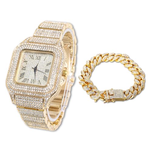 Halukakah Diamant Golduhr, Herren 18K Echt Vergoldet 40MM Breite Quadrat Wählen Quarz Armband 24cm mit Kubanischer Link Kette 20cm Armband Set, mit Geschenkbox von Halukakah