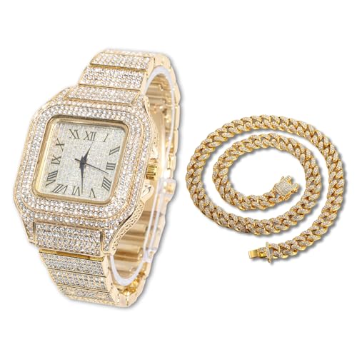 Halukakah Diamant Golduhr, Herren 18K Echt Vergoldet 40MM Breite Quadrat Wählen Quarz Armband 24cm mit Kubanischer Link Kette 45cm Halskette Set, mit Geschenkbox von Halukakah