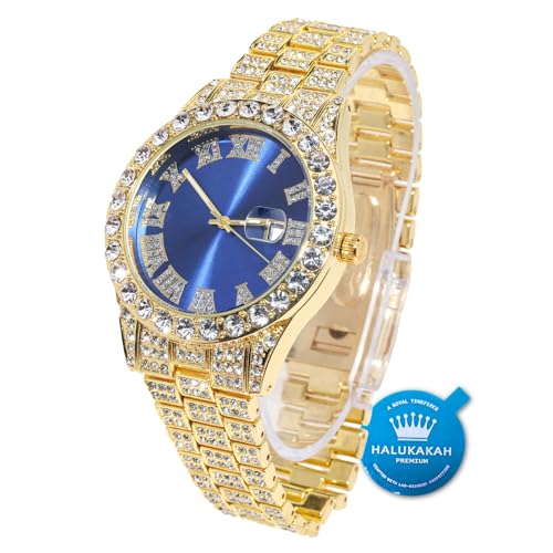 Halukakah Diamant Golduhr, Herren 18K Echt Vergoldet 42MM Breite Blau Wählen Quarz Armband 24cm, mit Geschenkbox von Halukakah