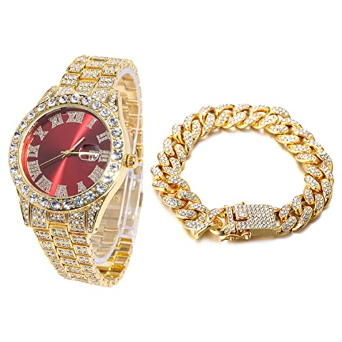 Halukakah Diamant Golduhr, Herren 18K Echt Vergoldet 42MM Breite Rot Wählen Quarz Armband 24cm mit Kubanischer Link Kette 20cm Armband Set, mit Geschenkbox von Halukakah