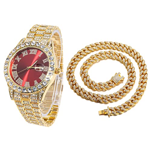 Halukakah Diamant Golduhr, Herren 18K Echt Vergoldet 42MM Breite Rot Wählen Quarz Armband 24cm mit Kubanischer Link Kette 45cm Halskette Set, mit Geschenkbox Halukakah Diamant Golduhr, Herren 18K Echt Vergoldet 42MM Breite Rot Wählen Quarz Armband 24cm mit Kubanischer Link Kette 45cm Halskette Set, mit Geschenkbox von Halukakah