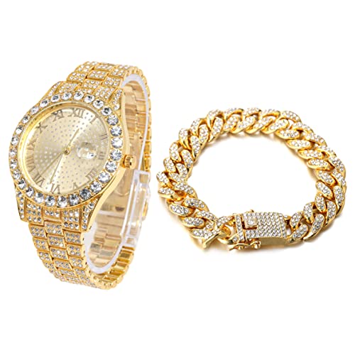 Halukakah Diamant Golduhr, Herren 18K Echt Vergoldet 42MM Breite Rund Wählen Quarz Armband 24cm mit Kubanischer Link Kette 20cm Armband Set, mit Geschenkbox von Halukakah