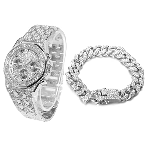 Halukakah Diamant Golduhr, Herren Platin Weiß Vergoldet 40MM Breite Römische Zahlen Wählen Quarz Armband 22cm mit Kubanischer Link Kette 20cm Armband Set, mit Geschenkbox von Halukakah