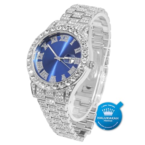 Halukakah Diamant Golduhr, Herren Platin Weiß Vergoldet 42MM Breite Blau Wählen Quarz Armband 24cm, mit Geschenkbox von Halukakah