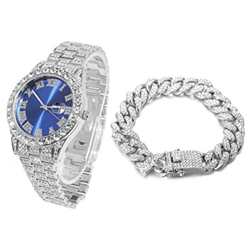 Halukakah Diamant Golduhr, Herren Platin Weiß Vergoldet 42MM Breite Blau Wählen Quarz Armband 24cm mit Kubanischer Link Kette 20cm Armband Set, mit Geschenkbox von Halukakah