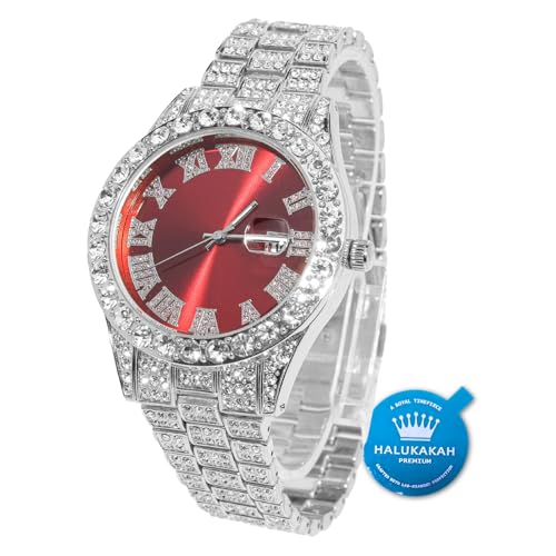 Halukakah Diamant Golduhr, Herren Platin Weiß Vergoldet 42MM Breite Rot Wählen Quarz Armband 24cm, mit Geschenkbox Halukakah Diamant Golduhr, Herren Platin Weiß Vergoldet 42MM Breite Rot Wählen Quarz Armband 24cm, mit Geschenkbox von Halukakah