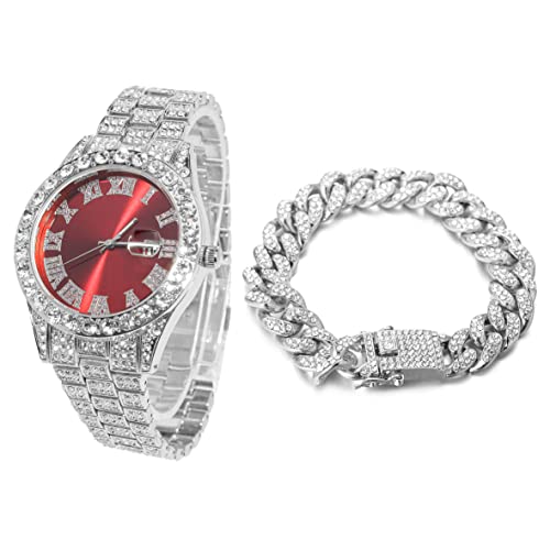 Halukakah Diamant Golduhr, Herren Platin Weiß Vergoldet 42MM Breite Rot Wählen Quarz Armband 24cm mit Kubanischer Link Kette 20cm Armband Set, mit Geschenkbox Halukakah Diamant Golduhr, Herren Platin Weiß Vergoldet 42MM Breite Rot Wählen Quarz Armband 24cm mit Kubanischer Link Kette 20cm Armband Set, mit Geschenkbox von Halukakah
