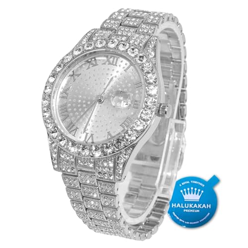 Halukakah Diamant Golduhr, Herren Platin Weiß Vergoldet 42MM Breite Rund Wählen Quarz Armband 24cm, mit Geschenkbox von Halukakah