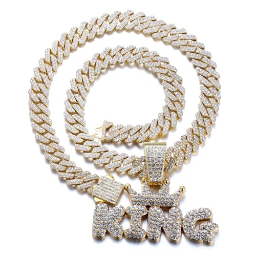 Halukakah 18K Echtgold Anhänger-Halsketten für Männer - Über 1000 Diamanten - Kubanische Gliederkette - Geclusterte Diamanten Kronen King Buchstaben Anhänger - Hip-Hop-Stil - mit Geschenkbox von Halukakah
