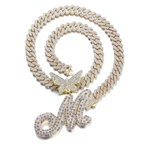 Halukakah 18K Echtgold Vergoldet Anhänger-Halskette für Kinder – Über 1000 Diamanten - Kubanische Linkkette - Cluster-Diamanten 3D Schmetterling Buchstaben Anhänger M – Geschenkidee für Ihre Lieben von Halukakah