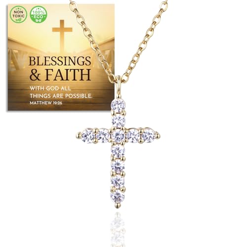 Halukakah 18K Gold Plattiert Kreuz-Faith-Diamant-Anhänger-Halskette für Kinder|Umweltfreundlich Handgefertigt|Verstellbar|Entworfen in Italien|Mit Botschaftskarte|Für Geburtstage,Besondere Anlässe von Halukakah