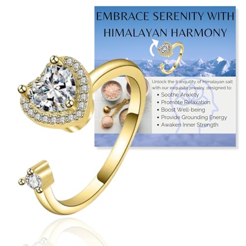 Halukakah 18K Vergoldet Angst-Spinner-Ring:Stilvoller Diamantherz-Stressabbau-Schmuck mit Perlen-Spinner,Himalaya-Salz Hinzugefügt,Verstellbar,Geschenk für Frauen,Teenager,Mädchen,Tochter und Mutter von Halukakah