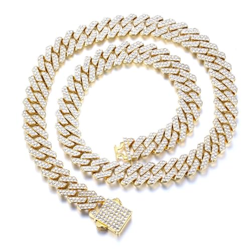 Halukakah 18k Echtgold Plattiert Kubanischer Diamant Link Halskette Für Männer - Über 1000 Labor Diamanten Handset - Breite 12mm Länge 45cm - Mit Geschenkbox von Halukakah