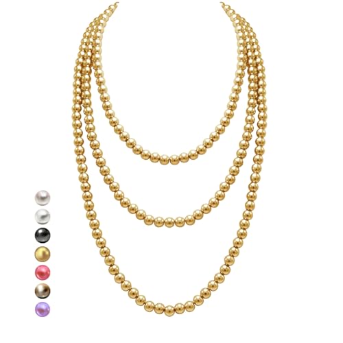 Halukakah 1920er Jahre Lange Perlenhalskette für Frauen - Exquisite Natürliche Zuchtperlen - Luxuriöser 8mm Strang mit Zeitloser Eleganz - Strahlendes Gold Länge 150cm - Perfekt für Besondere Anlässe von Halukakah