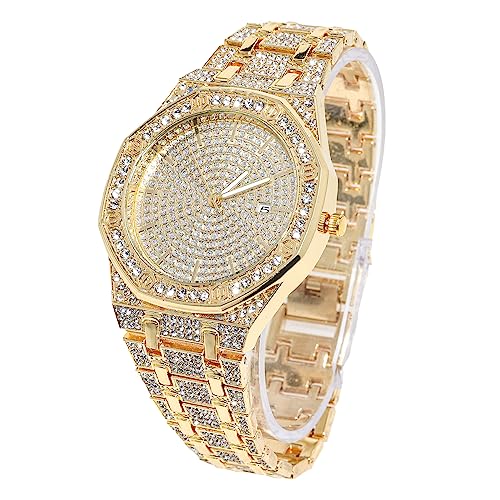 Halukakah Achteckiges Zifferblatt Diamant Golduhr Iced Out, Männer 18k Echtgold Plattiert Quarz Armband 22cm, mit Geschenkbox von Halukakah