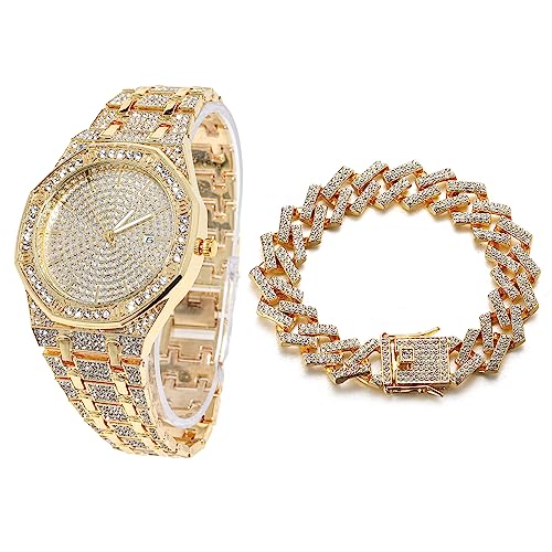 Halukakah Achteckiges Zifferblatt Diamant Golduhr Iced Out, Männer 18k Echtgold Plattiert Quarz Armband 22cm, mit Kubanische-Kette Armband 20cm, mit Geschenkbox von Halukakah