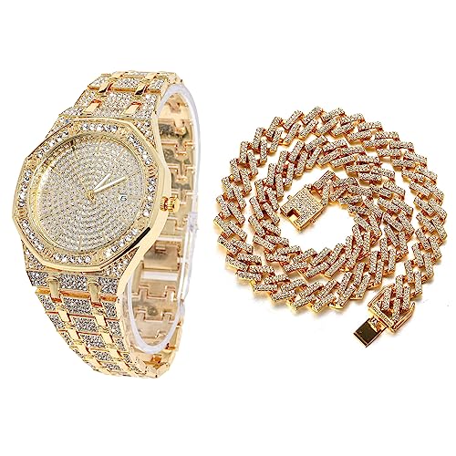 Halukakah Achteckiges Zifferblatt Diamant Golduhr Iced Out, Männer 18k Echtgold Plattiert Quarz Armband 22cm, mit Kubanische-Kette Halskette 45cm, mit Geschenkbox von Halukakah