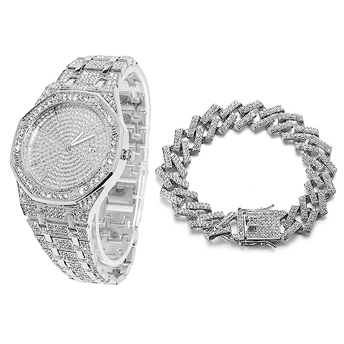 Halukakah Achteckiges Zifferblatt Diamant Golduhr Iced Out, Männer Platin Weißgold Plattiert Quarz Armband 22cm, mit Kubanische-Kette Armband 20cm, mit Geschenkbox von Halukakah