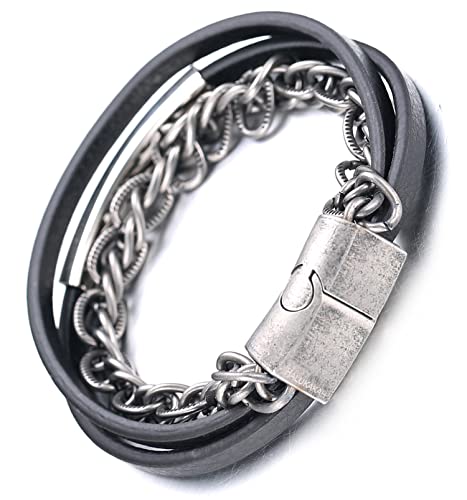 Halukakah Armbänder für Männer Wikinger,Silber Beunruhigtes Retro Titanstahlkette Kreuzdoppel Handgefertigtes Schwarzes Lederarmband Magnetverschluss 21,5cm,KOSTENLOSE Geschenkbox von Halukakah