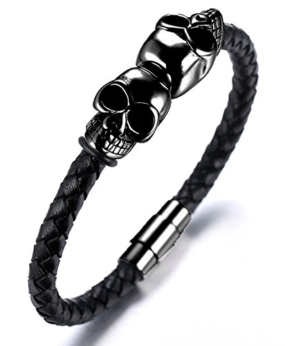 Halukakah ● Attentäter ● Herren-Armband Handgefertigt | Echtleder Schwarz | Rohr Magnetverschluss Edelstahl in Silber | mit Titan Schädelform Perlen in Schwarz | KOSTENLOS Geschenkbox | 21.5cm Halukakah ● Attentäter ● Herren-Armband Handgefertigt | Echtleder Schwarz | Rohr Magnetverschluss Edelstahl in Silber | mit Titan Schädelform Perlen in Schwarz | KOSTENLOS Geschenkbox | 21.5cm von Halukakah