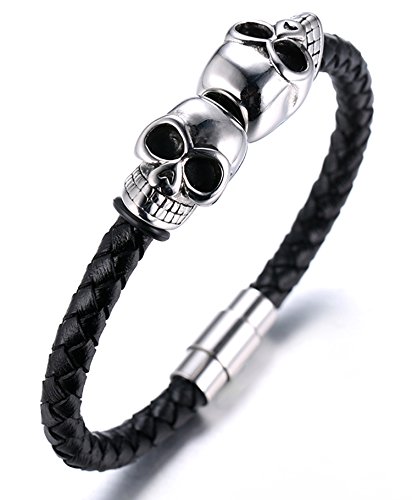Halukakah ● Attentäter ● Herren-Armband Handgefertigt | Echtleder Schwarz | Rohr Magnetverschluss Edelstahl in Silber | mit Titan Schädelform Perlen in Silber | KOSTENLOS Geschenkbox | 21.5cm von Halukakah