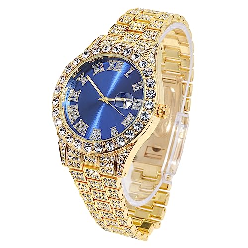 Halukakah Blaues Zifferblatt Diamant Golduhr Iced Out, Männer 18k Echtgold Plattiert Quarz Armband 24cm, mit Geschenkbox von Halukakah