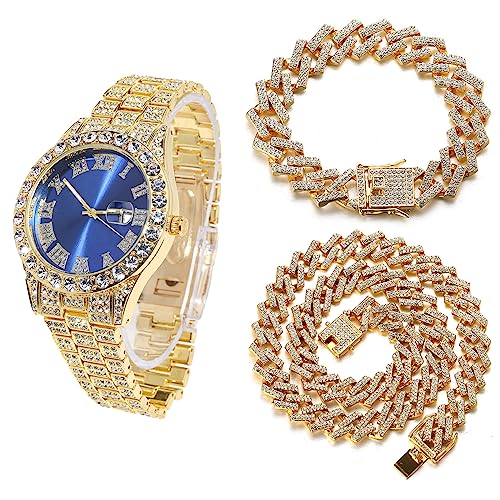 Halukakah Blaues Zifferblatt Diamant Golduhr Iced Out, Männer 18k Echtgold Plattiert Quarz Armband 24cm, mit Kubanische-Kette Armband 20cm + Halskette 45cm, mit Geschenkbox Halukakah Blaues Zifferblatt Diamant Golduhr Iced Out, Männer 18k Echtgold Plattiert Quarz Armband 24cm, mit Kubanische-Kette Armband 20cm + Halskette 45cm, mit Geschenkbox von Halukakah
