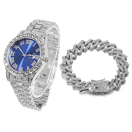 Halukakah Blaues Zifferblatt Diamant Golduhr Iced Out, Männer Platin Weißgold Plattiert Quarz Armband 24cm, mit Kubanische-Kette Armband 20cm, mit Geschenkbox von Halukakah