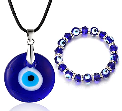 Halukakah Böser Blick Halskette Armband Set für Männer Frauen,Saphir Harz Blaues Auge Anhänger Wachsseil Platinierte Steinperlen Handgemachtes Schutz Mal de Ojo Schmuck mit KOSTENLOSER Geschenkbox von Halukakah