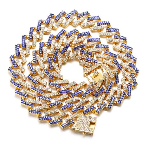 Halukakah Cuban Link Kette für Kinder Jungen Teenager – 13MM Ice-Out FUJI Blaue Diamantkette, 18K Vergoldet Halskette 40cm, Handgesetzte Labordiamanten, für 8-16 Jahre, mit Geschenkbox von Halukakah