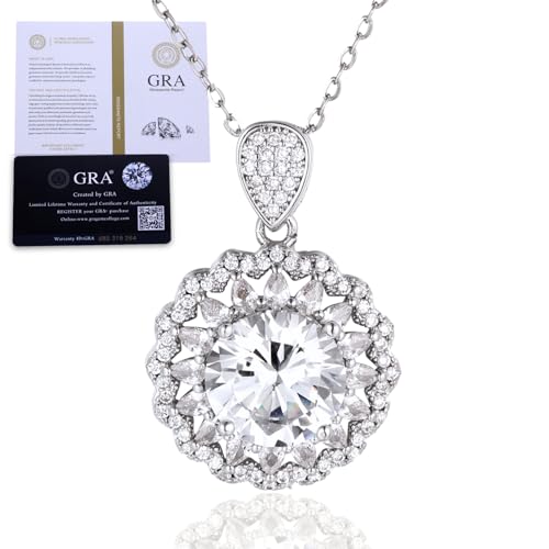 Halukakah Damen-Moissanit-Halskette mit Anhänger D5,0 ct aus Platinbeschichtetem 925er Silber mit Zertifikat,Runder Halo-Labordiamant in Krappenfassung,Perfekt für Verlobung,Hochzeit,Frau, Freundin von Halukakah