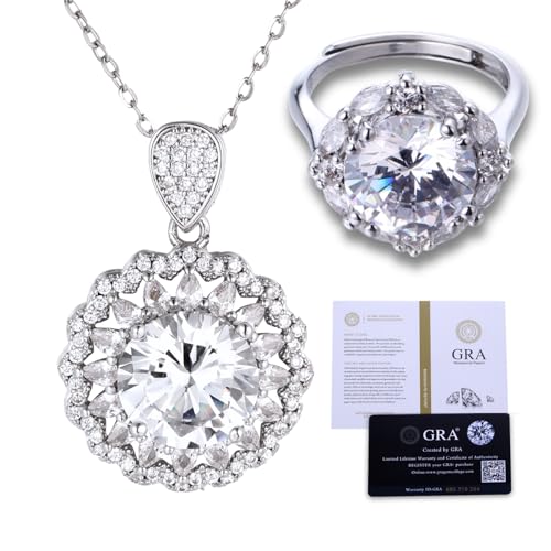 Halukakah Damen-Moissanit-Halskette und Ring-Set D5,0 ct in Platinbeschichtetem 925er Silber mit Zertifikat, für Verlobung, Hochzeit, Größenverstellbar, Geschenk für Frau, Freundin, Mama, Tochter von Halukakah