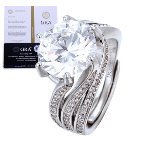 Halukakah Damenring mit D5,0 ct Moissanit Platiniertem 925er Silber mit Zertifikat,Runder Ätherischen Labordiamanten im Brautset mit Krappenfassung,für Verlobung,Hochzeit,Geburtstag,Größenverstellbar von Halukakah