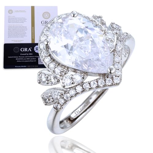 Halukakah Damenring mit D5,0 ct Moissanit aus Platiniertem 925er Silber mit Zertifikat,Birnenförmigem Ätherischen Labordiamanten im Brautset mit Krappenfassung,für Verlobung,Hochzeit,Größenverstellbar von Halukakah