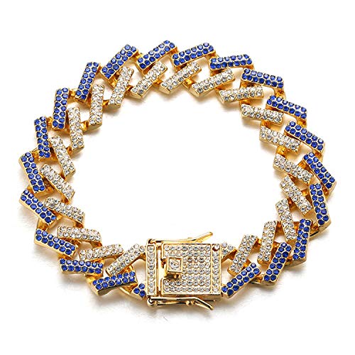 Halukakah Diamant Goldkette Kubanische Herren Iced Out,13MM Fuji 18 Karat echtes Vergoldetes Armband 20cm,Mehrfarbiges blau-weißes Diamanten-Zinken-Set,Geschenk für Ihn von Halukakah