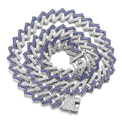Halukakah Diamant Goldkette Kubanische Herren Iced Out,15MM FUJI Platin Weißgold Halsband Halskette 60cm,Mehrfarbig Blau Weiß Diamanten Zinken Set,Geschenk für Ihn von Halukakah