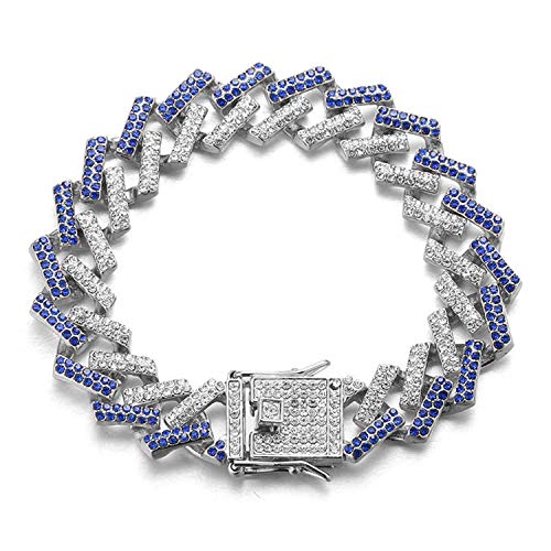 Halukakah Diamant Goldkette Kubanische Herren Iced Out,15MM Fuji Platin Weißgold Armband 18cm,Mehrfarbig Blau Weiß Diamanten Zinken Set,Geschenk für Ihn von Halukakah