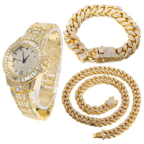 Halukakah Diamant Golduhr, Herren 18K Echt Vergoldet 38MM Breite Rund Wählen Quarz Armband 22cm mit Kubanischer Link Kette 20+45cm Halskette Armband Set, mit Geschenkbox von Halukakah