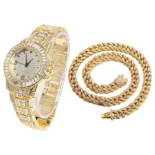 Halukakah Diamant Golduhr, Herren 18K Echt Vergoldet 38MM Breite Rund Wählen Quarz Armband 22cm mit Kubanischer Link Kette 45cm Halskette Set, mit Geschenkbox Halukakah Diamant Golduhr, Herren 18K Echt Vergoldet 38MM Breite Rund Wählen Quarz Armband 22cm mit Kubanischer Link Kette 45cm Halskette Set, mit Geschenkbox von Halukakah