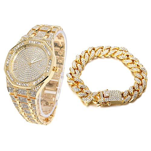 Halukaka Diamant Golduhr, Herren 18K Echt Vergoldet 40MM Breite Achteckig Rund Wählen Quarz Armband 22cm mit Kubanischer Link Kette 20cm Armband Set, mit Geschenkbox von Halukakah