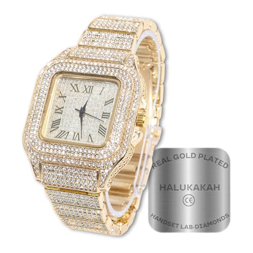 Halukakah Diamant Golduhr, Herren 18K Echt Vergoldet 40MM Breite Quadrat Wählen Quarz Armband 24cm, mit Geschenkbox von Halukakah
