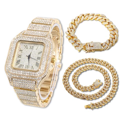Halukakah Diamant Golduhr, Herren 18K Echt Vergoldet 40MM Breite Quadrat Wählen Quarz Armband 24cm mit Kubanischer Link Kette 20+45cm Halskette Armband Set, mit Geschenkbox von Halukakah