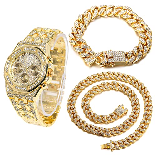 Halukakah Diamant Golduhr, Herren 18K Echt Vergoldet 40MM Breite Römische Zahlen Wählen Quarz Armband 22cm mit Kubanischer Link Kette 20+45cm Halskette Armband Set, mit Geschenkbox von Halukakah